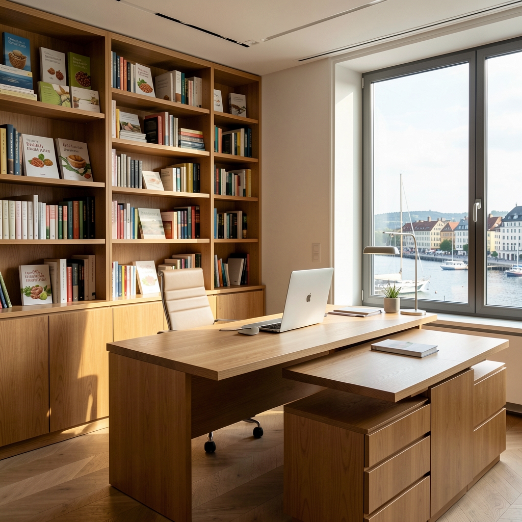 Helles, geräumiges Büro mit Holzmöbeln, offenen Bücherregalen mit Ernährungswissenschaftsliteratur und grossem Fenster mit Blick auf Zürichs Seequartier