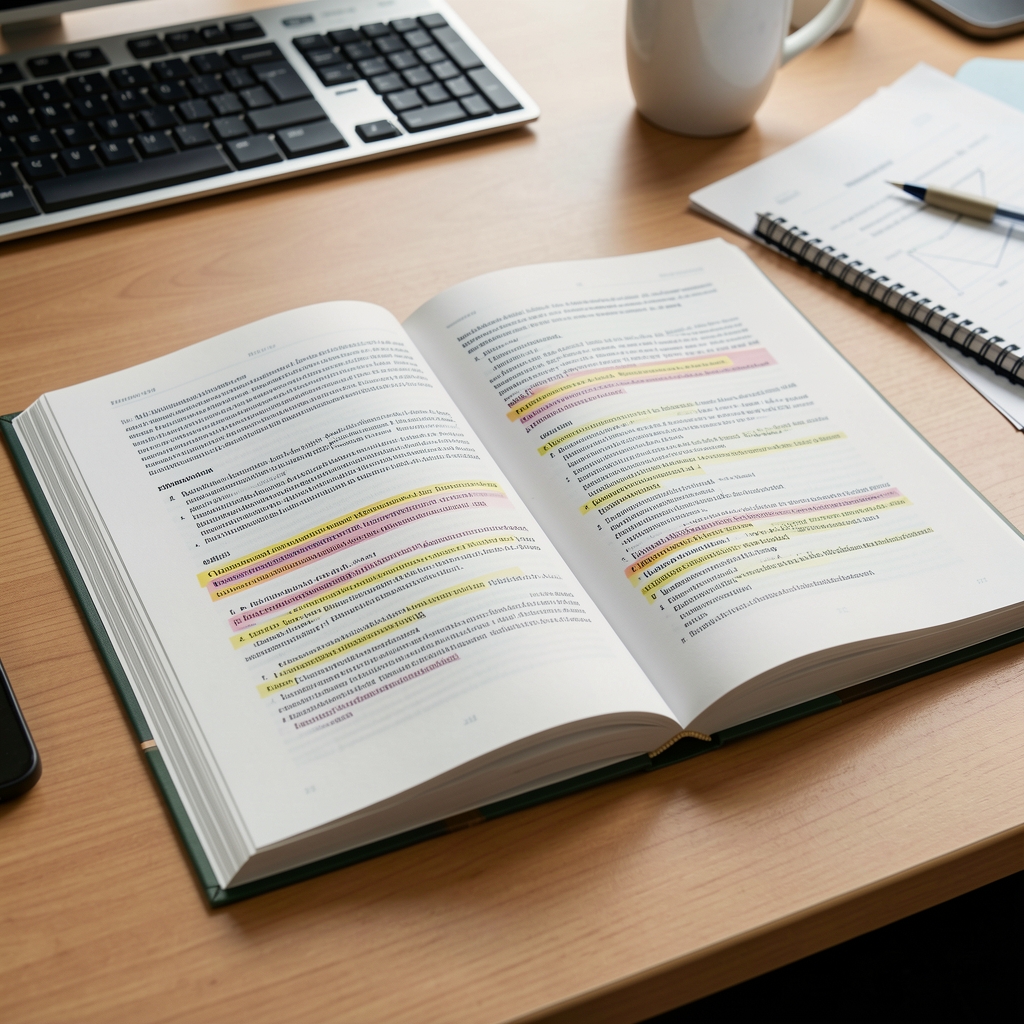 Wissenschaftliche Fachliteratur zur Ernährungswissenschaft aufgeschlagen auf einem Schreibtisch mit sorgfältig notierten Quellenangaben und markierten Passagen